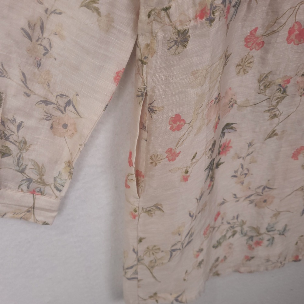 J Jill Top Tunic Sz S Floral Linen Blend Drawstring Waist Coastal Vocation Sheer - Picture 7 of 14
